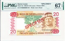 Bank of Sierra Leone Sierra Leone 20 Leones 1984 Specimen PMG 67EPQ