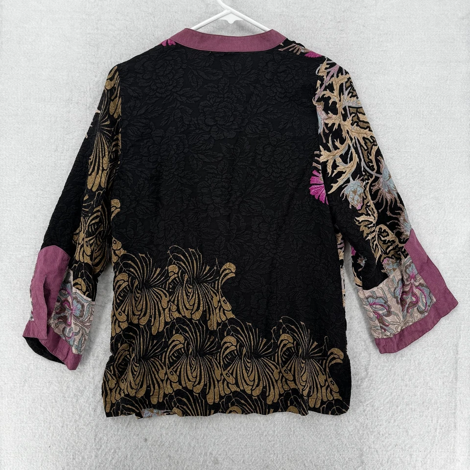 Camisa boho Citron Santa Monica para mujer mediana negra púrpura floral 100 % seda Foto 2 de 4