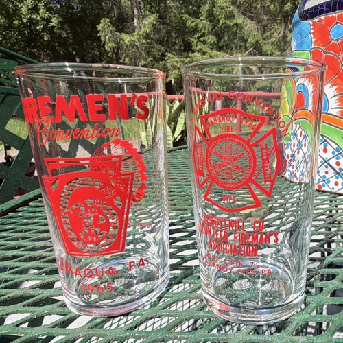 2 Vintage Firemen’s Convention Glasses Tamaqua & Mahanoy City PA 1965 & 1972