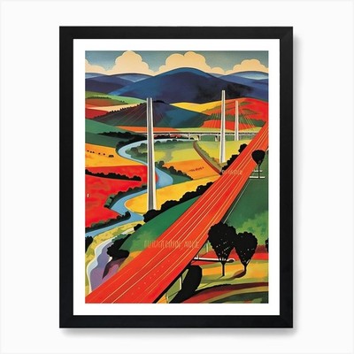 Millau Bridge, France, Colourful 1  Framed Wall Art Poster Canvas Print Picture