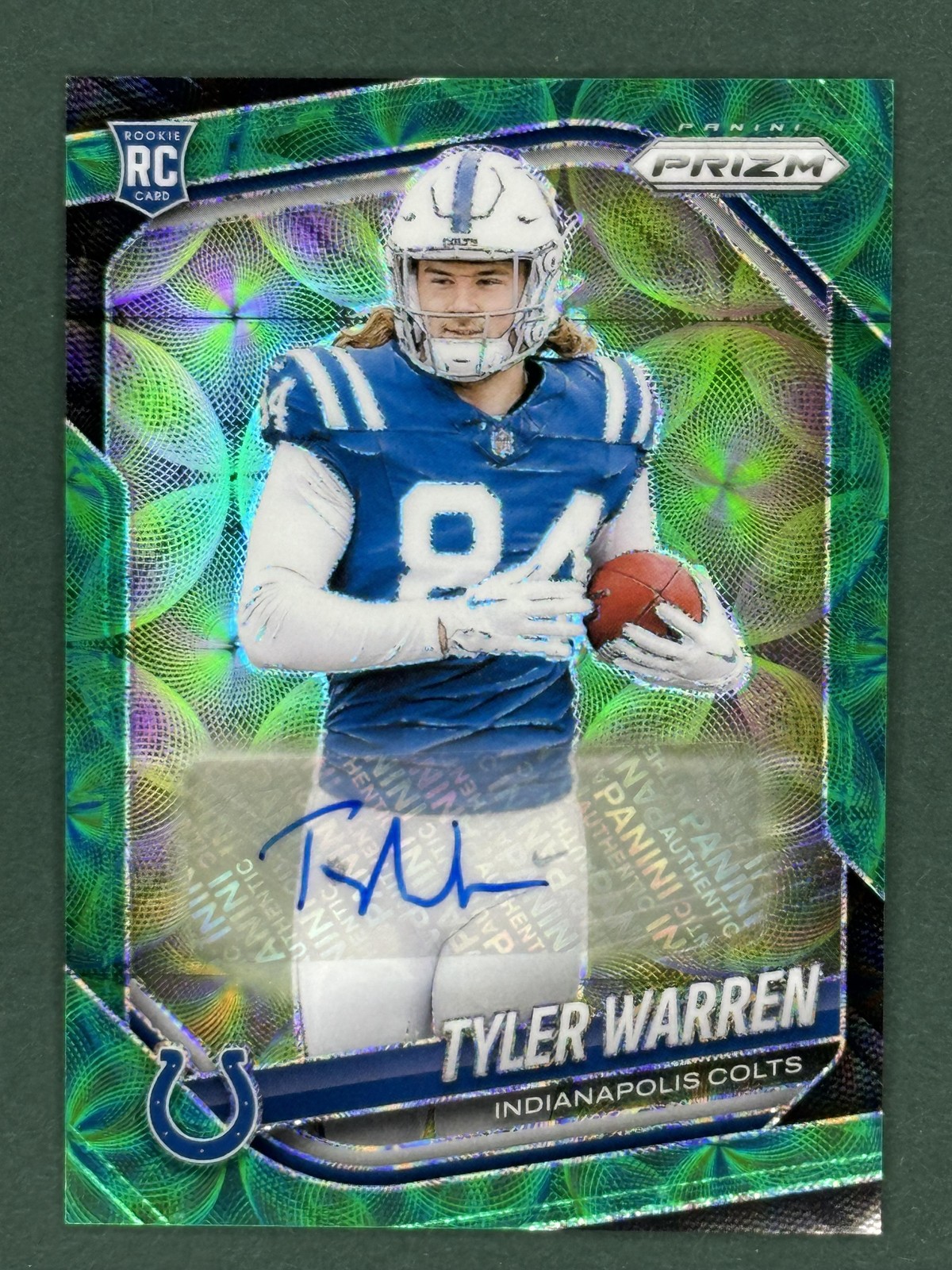 2025 Panini Prizm #339 Tyler Warren Prizm Rookie Autographs Green Scope #/75