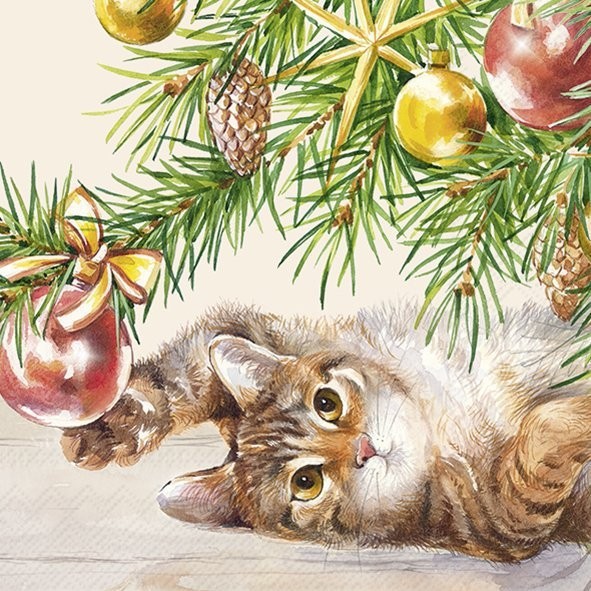 4 x Paper Napkins/3Ply/33cm/Decoupage/Christmas/Cat playing with Baubles