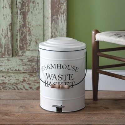 Handcrafted Rustic Farmhouse Metal White Wastebasket Trash Can w/ Foot Pedal