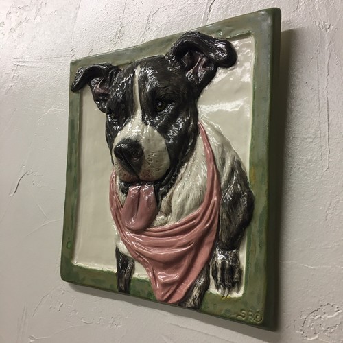American Staffordshire Terrier Pit Bull Dog Ceramic Portrait 3D Tile In Stock - Picture 2 of 4