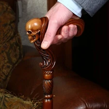 Ergonomic Skull Wooden Walking Cane, Handle Wood Carved Walking Stick Gift