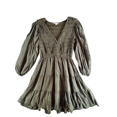 By the River Taupe Gray Balloon Sleeve Gathered Overlap Neckline A-line  Dress M | eBay