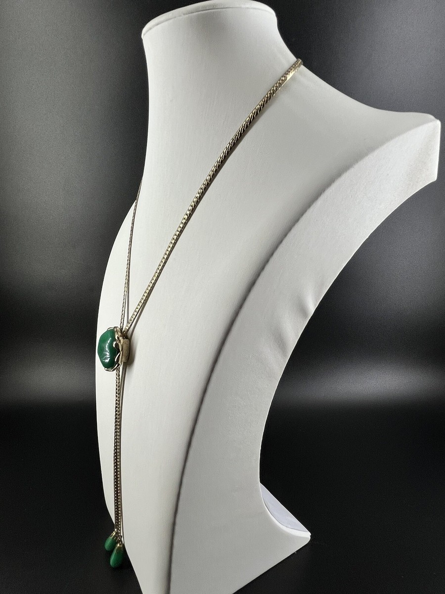 Vtg Gold Tone Snake Skin Lariat Bolo Necklace Adjustable Green Glass Cabochon