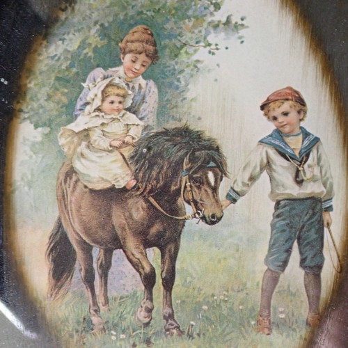 Vtg Thick Wooden Picture Frame Mirror Oval Picture Boy Pony Sister Mom