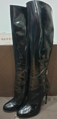GUCCI Stiefel schwarz glänzend Lackleder Reißverschluss hoher hoher Stilettoabsatz 
