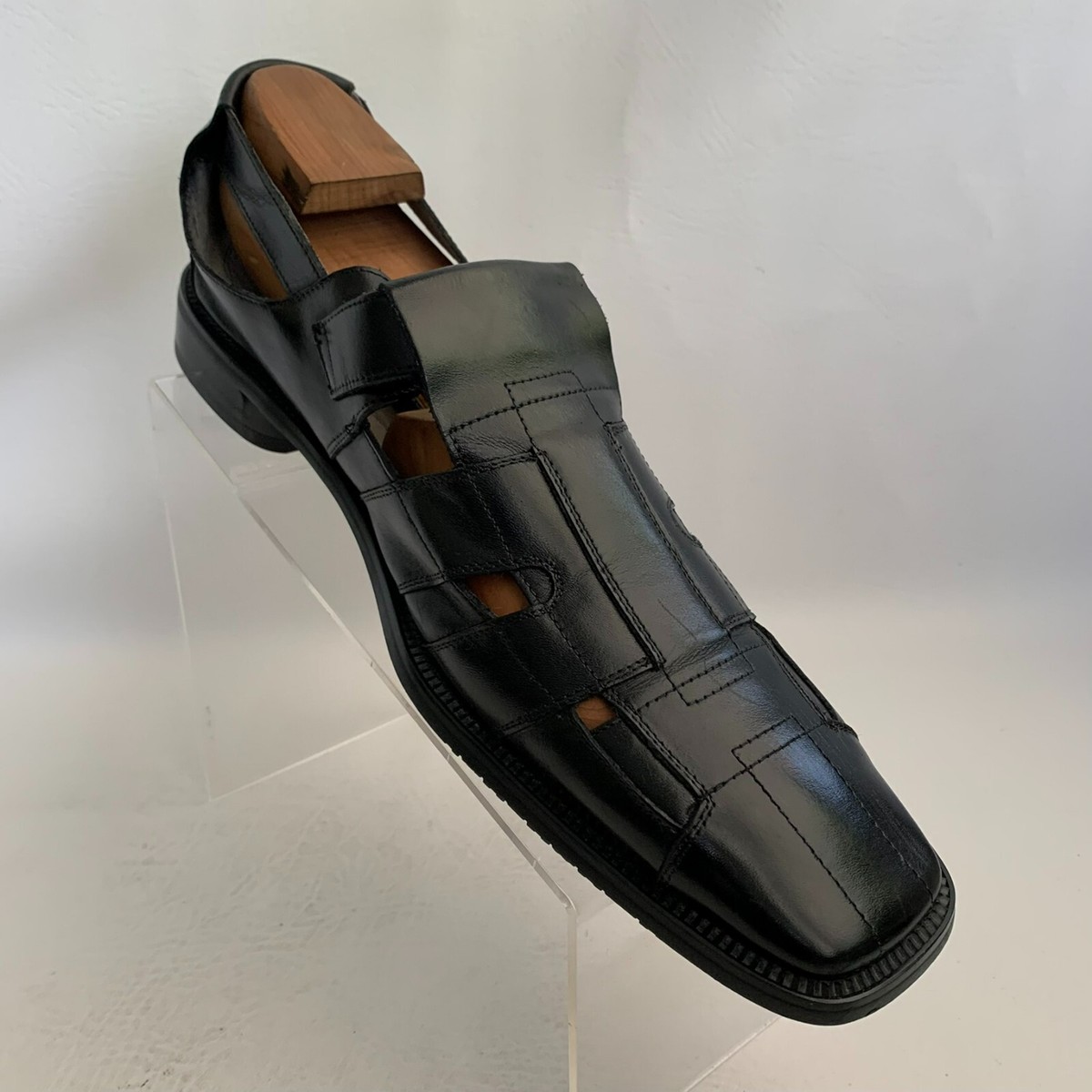 Stacy Adams Sandals Black Leather Cut Out Round Toe Buckle  display picture 2