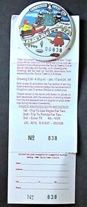 TIP UP TOWN Pinback 1999 Houghton Lake, MI. Snowmobile ICE FISHING pin, ticket  