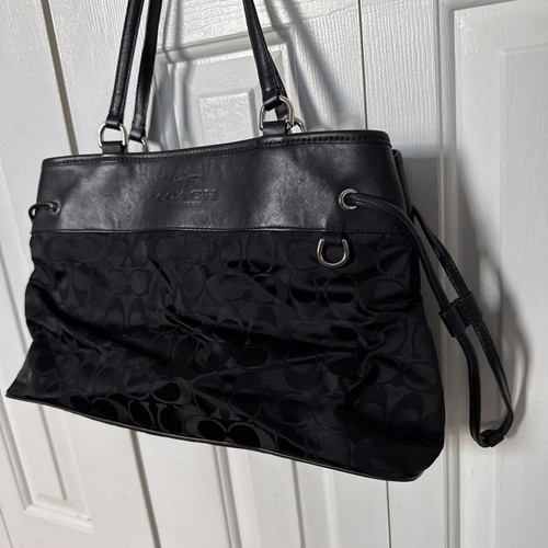Coach Black Signature Drawstring Carryall Nylon Leather Shoulder Bag # 32702 - Picture 3 of 13