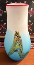 Vtg Murano Art Glass White/Blue Frosted Multicolor Spiral Vase LARGE 14  Tall