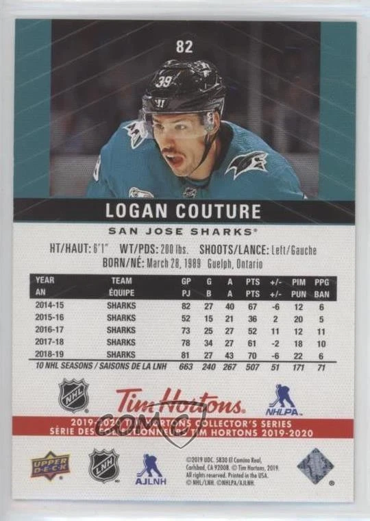 2019 Upper Deck Tim Hortons Collector's Series Premium Program Logan Couture #82 - Image 2 of 2