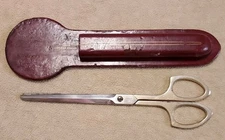 VINTAGE FORGED STEEL SCISSORS with TOOLED LEATHER SHEATH-9”