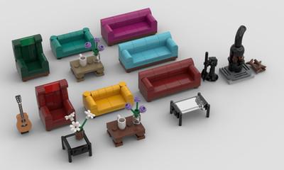 LEGO MOC Wohnzimmer Set 14x Couch/Sessel/Tische Kamin & Deko Minifig Maßstab+PDF