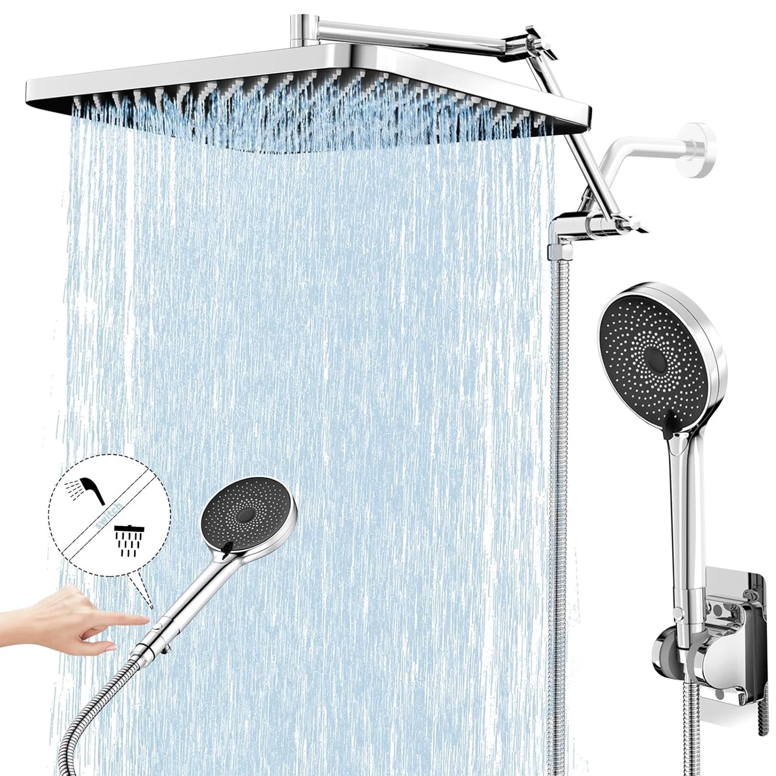 13" Rainfall Shower Head Combo, 3 Modes with Adjustable Arm & 71" Hose, Chrome