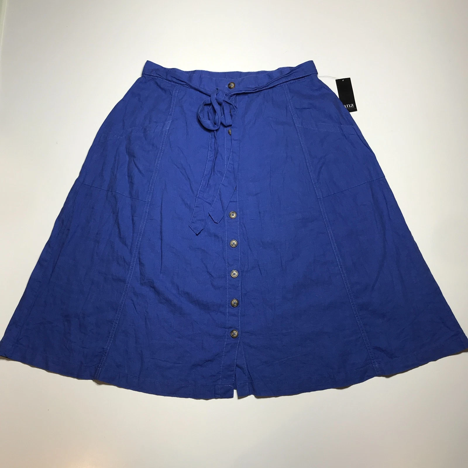 ANA A New Approach Skirt Size 16T Jet Set Blue Belted Linen Blend Button Front