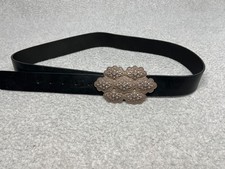 Sereno Italian Black Leather Ornate Floral Crystal Embellished Buckle Belt XL