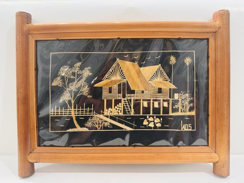 Vtg Bamboo Rice Straw Framed Laos Asian Scenic Tranquil Art In A Beautiful Frame