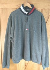 Vintage Tommy Hilfiger Sweater Mens Large Gray Fleece 1/4 Zip Pullover 90s Y2K