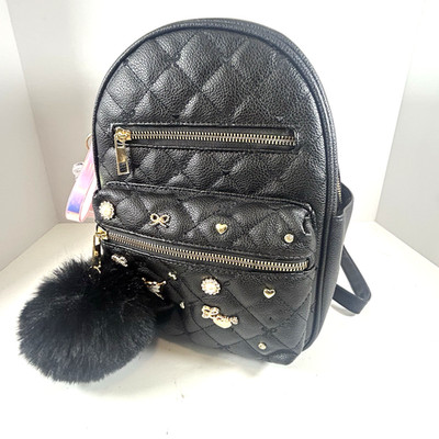 Under One Sky Pebbled Texture-Black Mini Backpack w/ Charms Pom-Pom & Bag Charm
