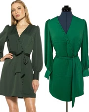 NWT Alexia Admor AYRA Green Belted Wrap Dress Bubble Sleeves Office Siren Glam 6
