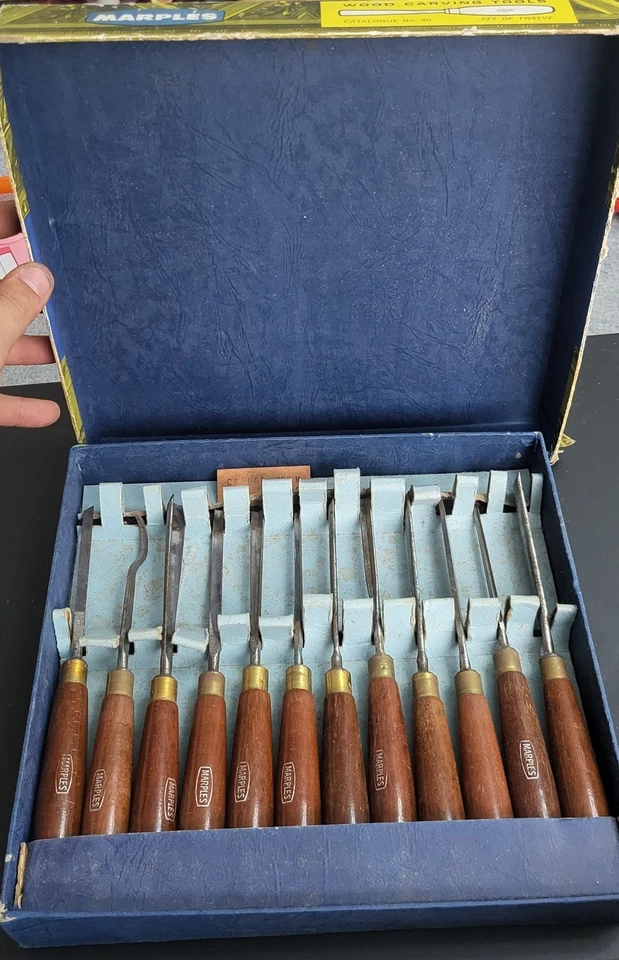 VINTAGE MARPLES No. 60 WOOD CARVING TOOLS CHISELS SET OF 12 IN ORIGINAL BOX - Image 2 of 4