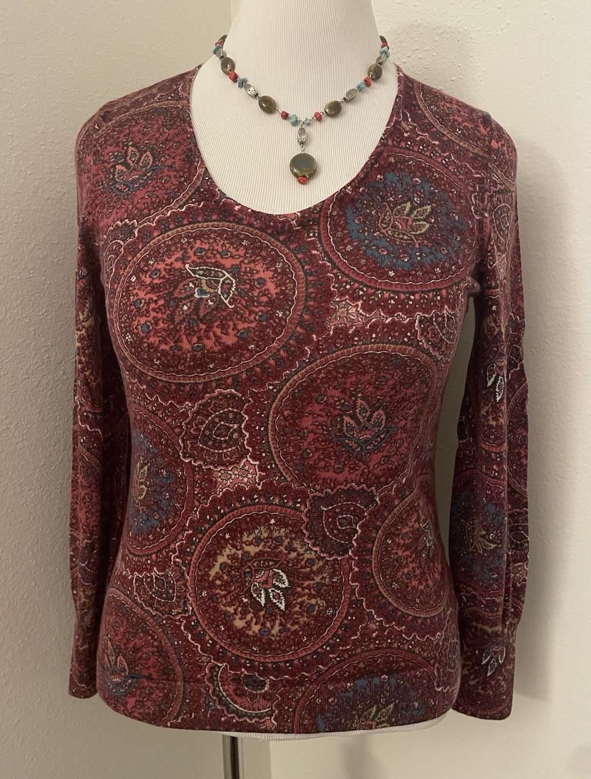 Talbots Merino Wool Paisley Sweater Women’s Size M Puff Sleeves Classic Knit Red