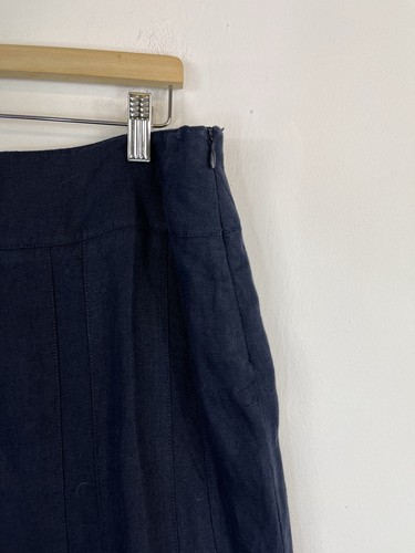 Per Una Maxi Skirt 14 Tall Navy Blue Tall Flare Patchwork 100% Linen - Picture 5 of 7