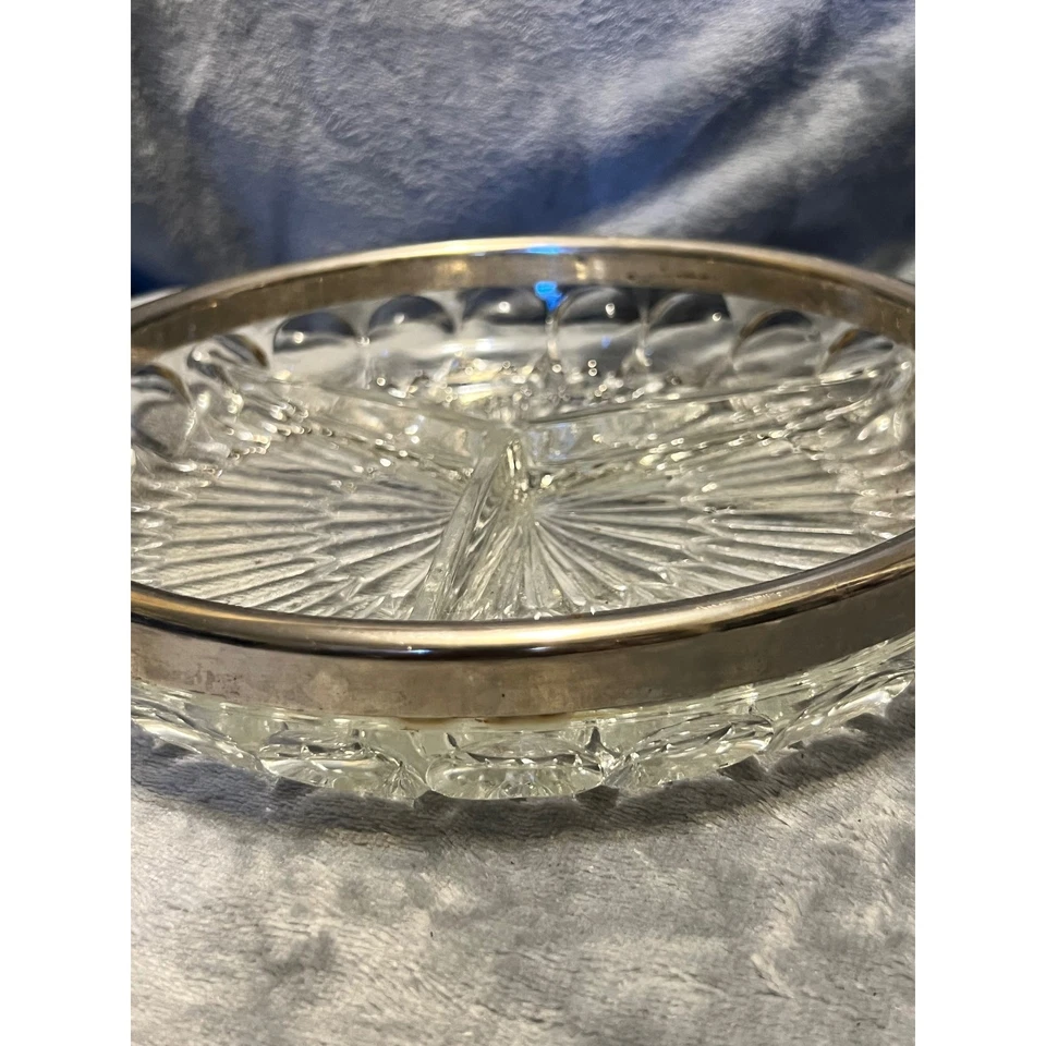 Vintage Glass Divided Serving Dish MCM Silver Rim 9 Starburst Mid-Century Heavy - Image 2 of 4