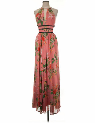 Express Women's Pink/Green Floral Halter Maxi Dress M Sleeveless Open Back