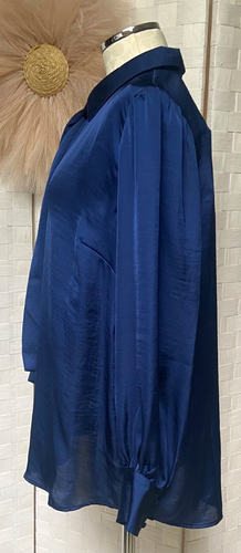 NWT Dennis Basso Satin Button Up Blouse Deep Sapphire Blue Bow Tie Size M FXT - Picture 10 of 18