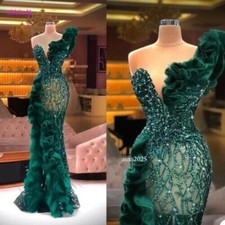 Lady Luxury Beaded Appliques Mermaid Evening Dresses Elegant Side Ruffles Womens