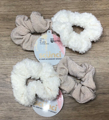 Scunci 4 Scrunches No-Damage Twister Hair Ties Cozy Soft Sherpa Fabric White/Tan