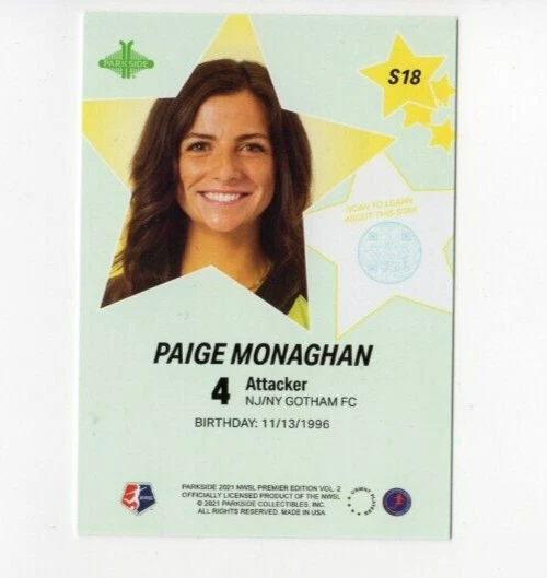 2021 Parkside NWSL Vol. 2 Paige Monaghan RC #S18 Stars New York Gotham SP - Image 2 of 2