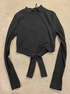 Shein Black Knit Crop Top Crew Neck Long Sleeve Sweater Womens XS