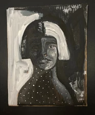 Original Woman Portrait Painting 9x11 Expressive Naive Artwork Darkness & Light