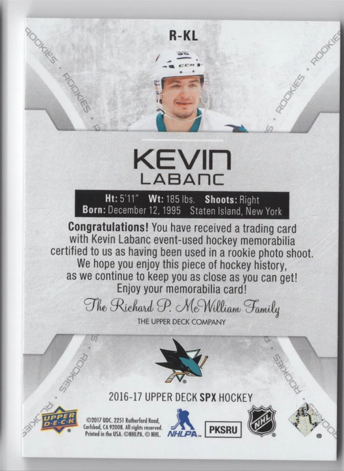 2016-17 SPx Rookies JERSEY Kevin Labanc /235 San Jose Sharks #R-KL - Image 2 of 2