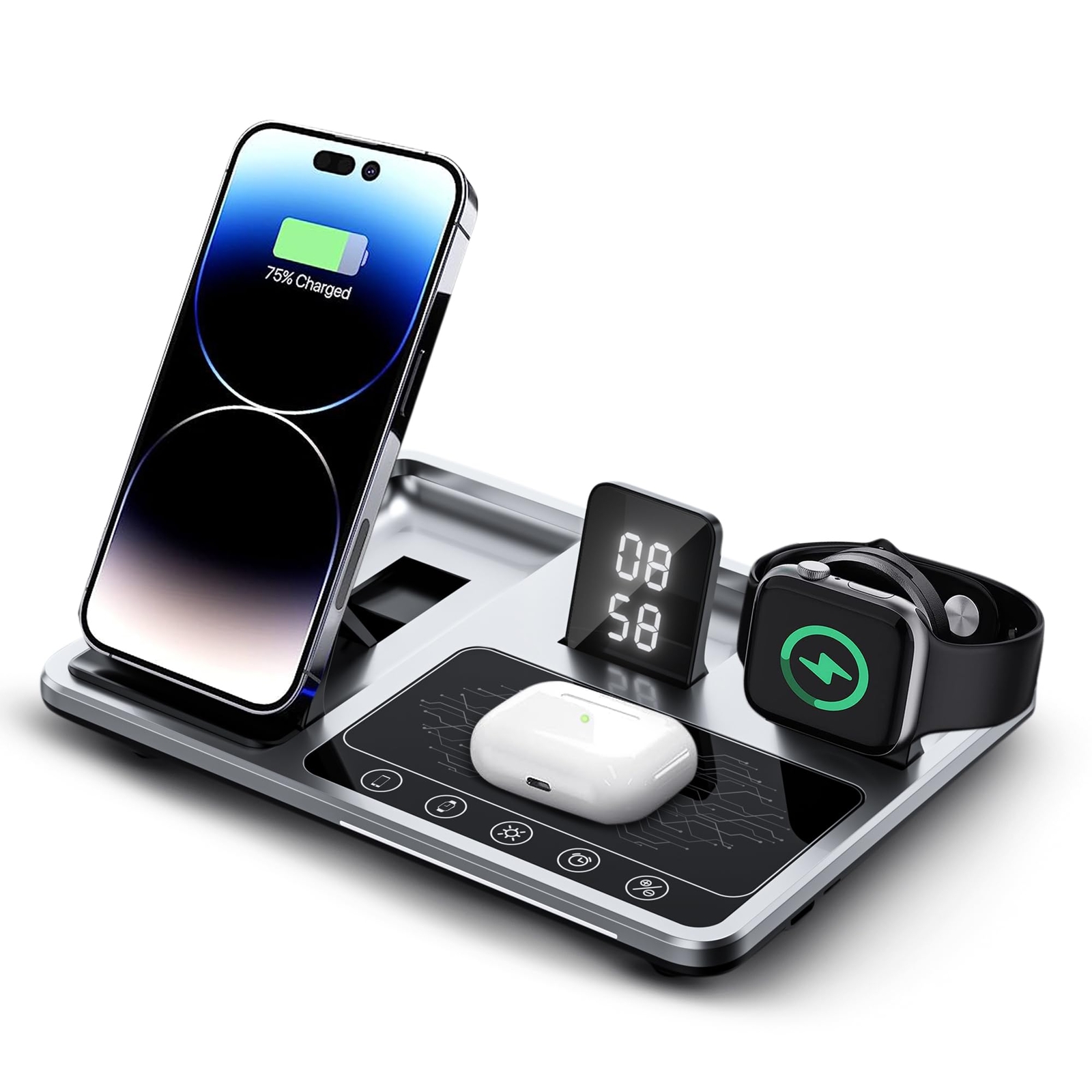 4-in-1 Foldable Wireless Fast Charging Station with Alarm Clock - Compact Travel Charger