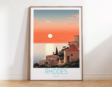 Rhodes Greece, Sunset, Sea View & Houses Poster Premium Quality Choose your Size