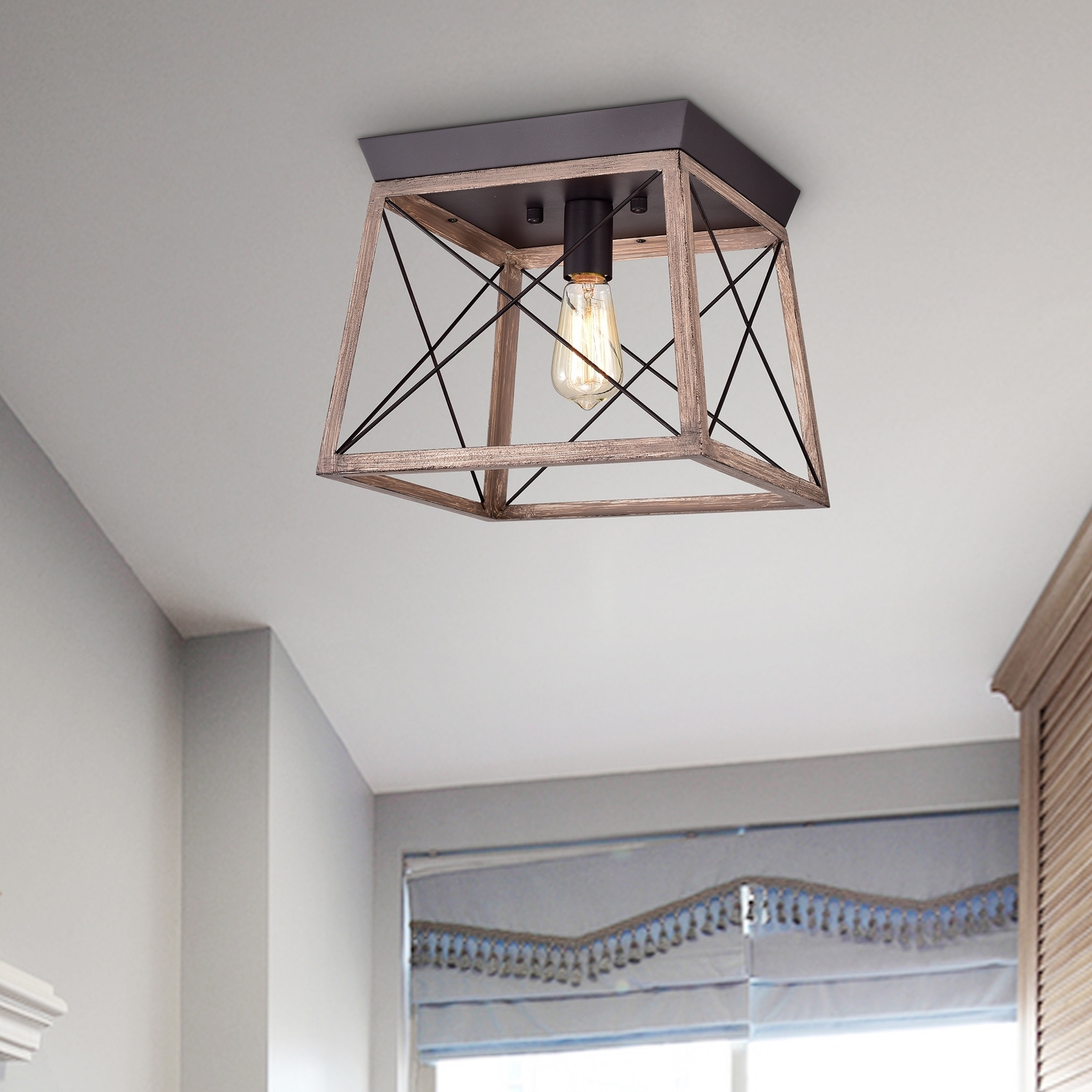 Tamara Oil Rubbed Bronze 1-Light Open-Cage Metal Flush Mount Imitation Wood Grai