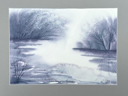 Original Relax painting Modern Decor Landscape morning fog tree Watercolor A4 - Picture 2 of 6