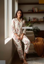 Indian Handmade Floral Hand Block Print Women  s Cotton Sleep Pajamas