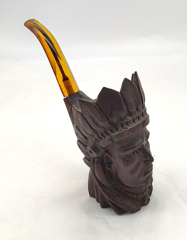 Vintage Wood Hand Carved  Tobacco  Indian Brave Chief Head Bust Display Pipe