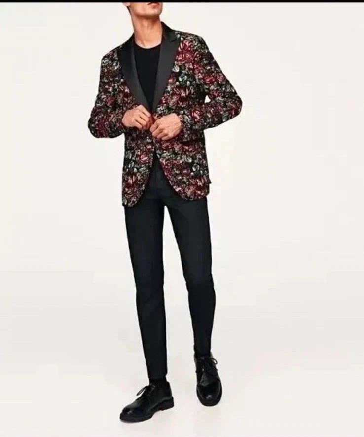 Blazer ZARA Hombre Floral Jacquard Negro Rojo Rosa Estampado Hombres EE. UU. 40 Calce Ajustado Artístico Foto 2 de 4