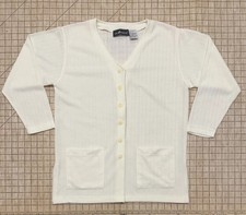 Cardigan Sweater White Rib Knit Button Front Small Patch Pockets Vintage