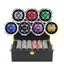 LOT DE JETONS DE POKER MRC POKER 500 PIÈCES 14 G LASER GRAPHIC ACE CASINO AVEC ÉTUI EN ACAJOU