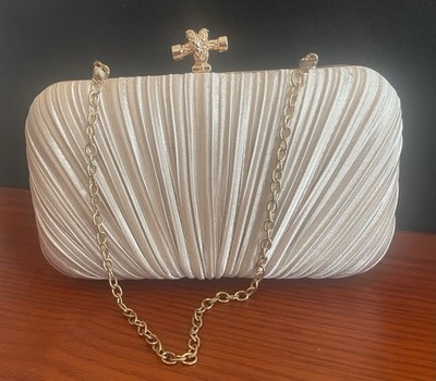 Champagne Pleated Satin Evening Clutch, Gold-tone Chain Sunburst/Seashell design