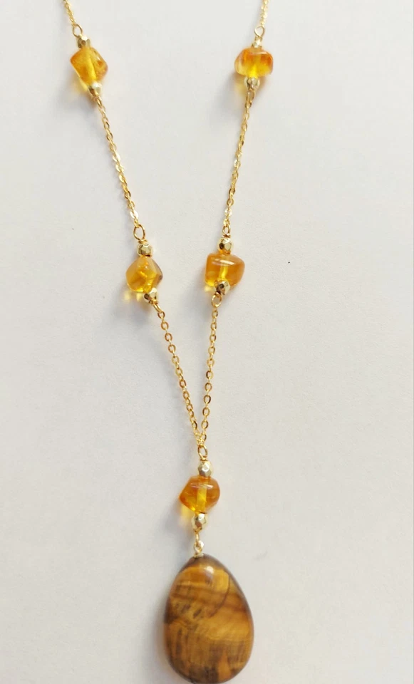 Collana in argento 925 laminata in oro con ambra occhio di tigre ematite dorata - Immagine 2 di 4